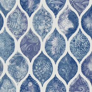 Denim Blues Doodle Decorated Watercolor Ogee Pattern