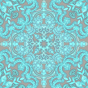 Bright Aqua & Grey Folk Art doodle pattern