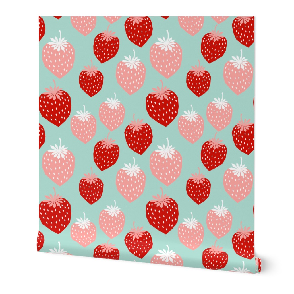 strawberries pink and red mint cute summer fruit print