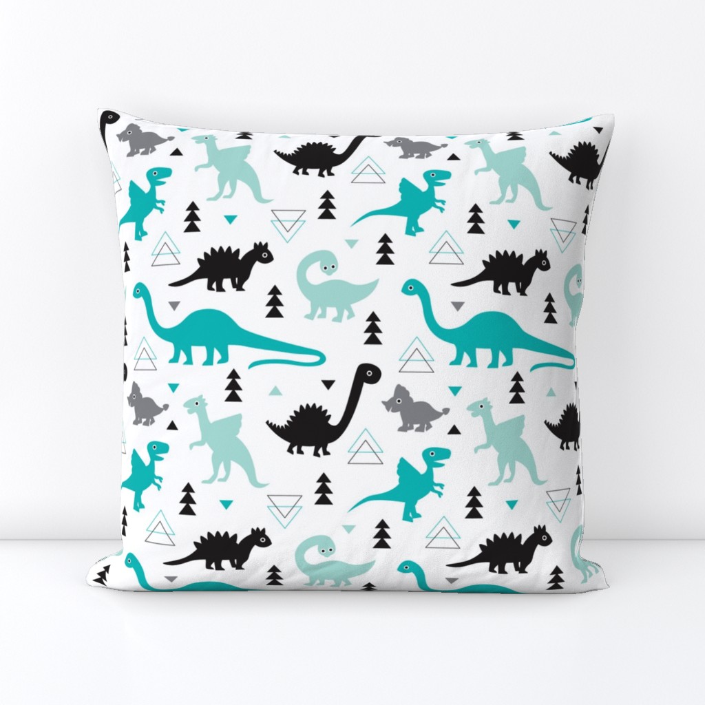 Adorable dino boys fabric with black and blue dinosaur geometric triangles and funky animal illustration theme for kids