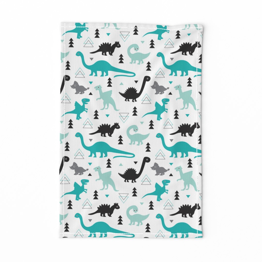 Adorable dino boys fabric with black and blue dinosaur geometric triangles and funky animal illustration theme for kids