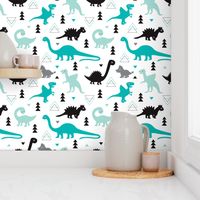 Adorable dino boys fabric with black and blue dinosaur geometric triangles and funky animal illustration theme for kids