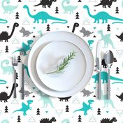 Adorable dino boys fabric with black and blue dinosaur geometric triangles and funky animal illustration theme for kids