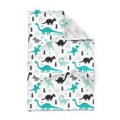 Adorable dino boys fabric with black and blue dinosaur geometric triangles and funky animal illustration theme for kids