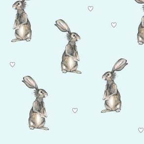 Rabbits + Hearts on Blue