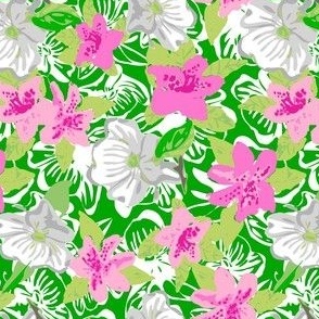 Dogwood and Azalea Blooms on Bright Green Background