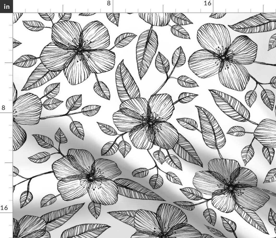 Black & White Floral Line Drawing Pattern