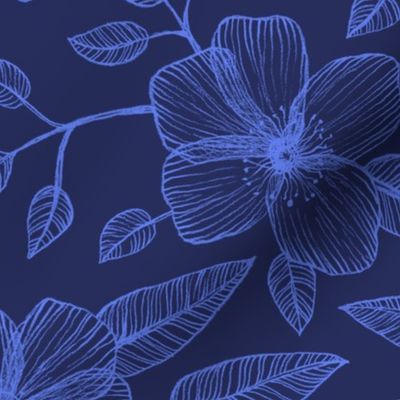 Blue on Blue Line Drawing Floral Pattern