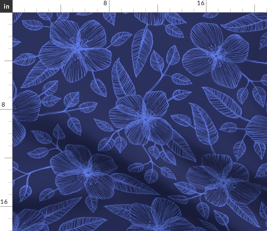Blue on Blue Line Drawing Floral Pattern