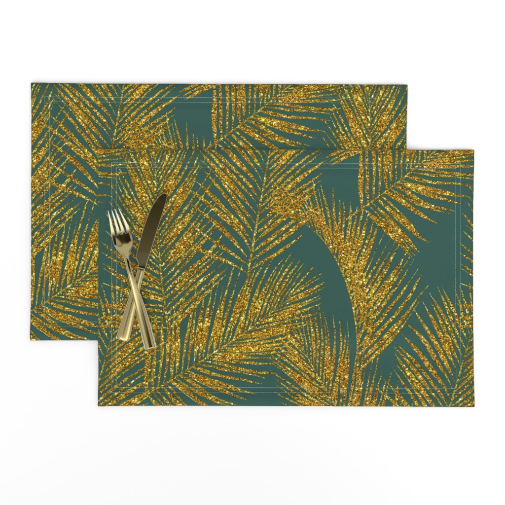 gold glitter palm leaves - jungle green, large.  silhuettes faux gold imitation tropical forest green background hot summer palm plant leaves shimmering metal effect texture fabric wallpaper giftwrap