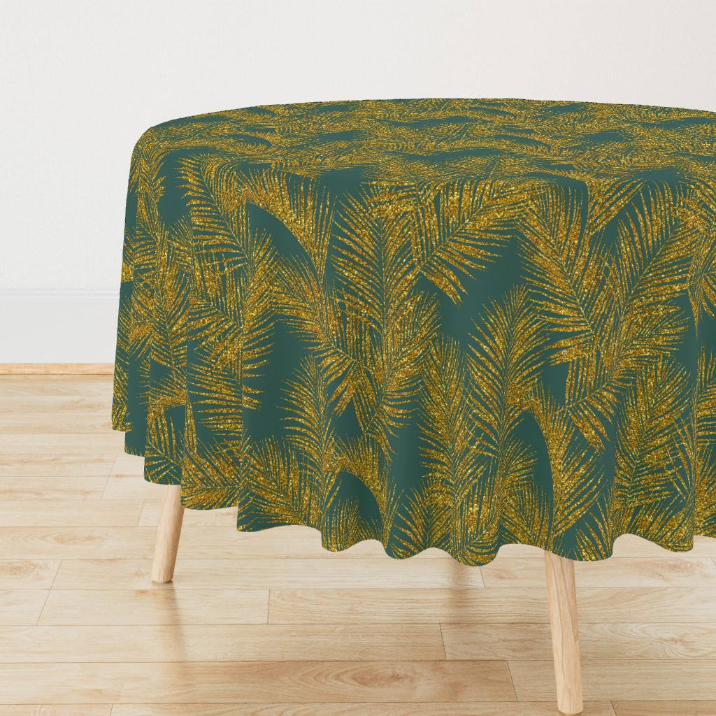 gold glitter palm leaves - jungle green, large.  silhuettes faux gold imitation tropical forest green background hot summer palm plant leaves shimmering metal effect texture fabric wallpaper giftwrap