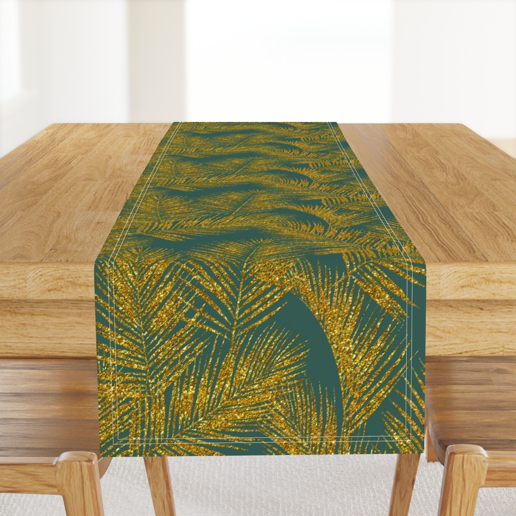 gold glitter palm leaves - jungle green, large.  silhuettes faux gold imitation tropical forest green background hot summer palm plant leaves shimmering metal effect texture fabric wallpaper giftwrap