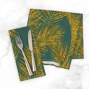 gold glitter palm leaves - jungle green, large.  silhuettes faux gold imitation tropical forest green background hot summer palm plant leaves shimmering metal effect texture fabric wallpaper giftwrap