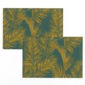 gold glitter palm leaves - jungle green, large.  silhuettes faux gold imitation tropical forest green background hot summer palm plant leaves shimmering metal effect texture fabric wallpaper giftwrap