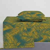 gold glitter palm leaves - jungle green, large.  silhuettes faux gold imitation tropical forest green background hot summer palm plant leaves shimmering metal effect texture fabric wallpaper giftwrap