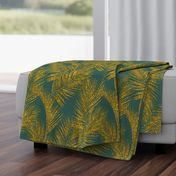 gold glitter palm leaves - jungle green, large.  silhuettes faux gold imitation tropical forest green background hot summer palm plant leaves shimmering metal effect texture fabric wallpaper giftwrap