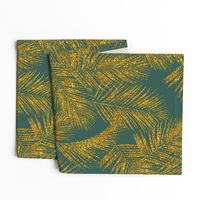 gold glitter palm leaves - jungle green, large.  silhuettes faux gold imitation tropical forest green background hot summer palm plant leaves shimmering metal effect texture fabric wallpaper giftwrap