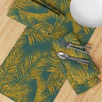 gold glitter palm leaves - jungle green, large.  silhuettes faux gold imitation tropical forest green background hot summer palm plant leaves shimmering metal effect texture fabric wallpaper giftwrap