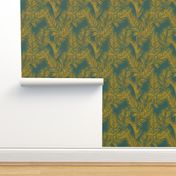 gold glitter palm leaves - jungle green, large.  silhuettes faux gold imitation tropical forest green background hot summer palm plant leaves shimmering metal effect texture fabric wallpaper giftwrap