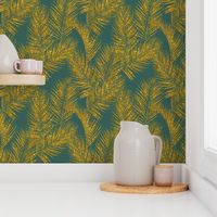 gold glitter palm leaves - jungle green, large.  silhuettes faux gold imitation tropical forest green background hot summer palm plant leaves shimmering metal effect texture fabric wallpaper giftwrap