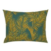 gold glitter palm leaves - jungle green, large.  silhuettes faux gold imitation tropical forest green background hot summer palm plant leaves shimmering metal effect texture fabric wallpaper giftwrap