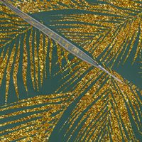 gold glitter palm leaves - jungle green, large.  silhuettes faux gold imitation tropical forest green background hot summer palm plant leaves shimmering metal effect texture fabric wallpaper giftwrap