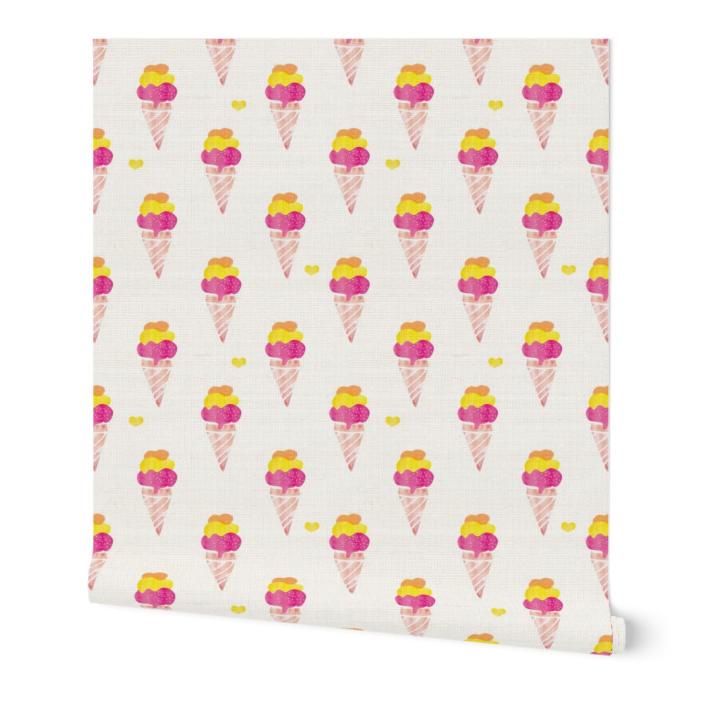 Colorful hot pink and yellow summer ice cream cone fun trendy kids water color illustration holiday print