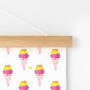 Colorful hot pink and yellow summer ice cream cone fun trendy kids water color illustration holiday print