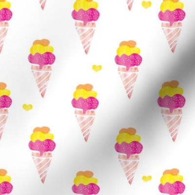 Colorful hot pink and yellow summer ice cream cone fun trendy kids water color illustration holiday print