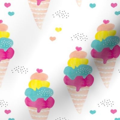 Colorful summer ice cream cone fun trendy kids water color illustration holiday print