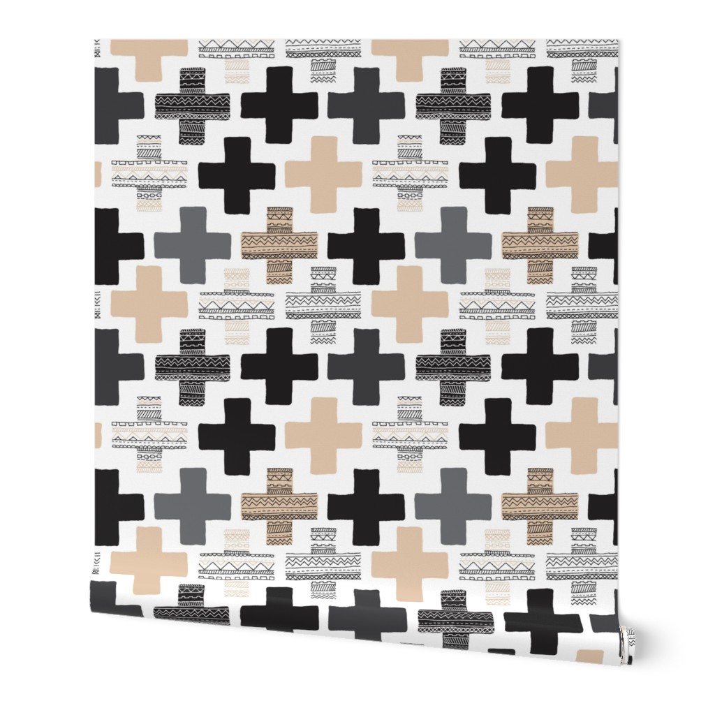 Gender neutral beige plus sign plus cross geometric modern aztec patterns