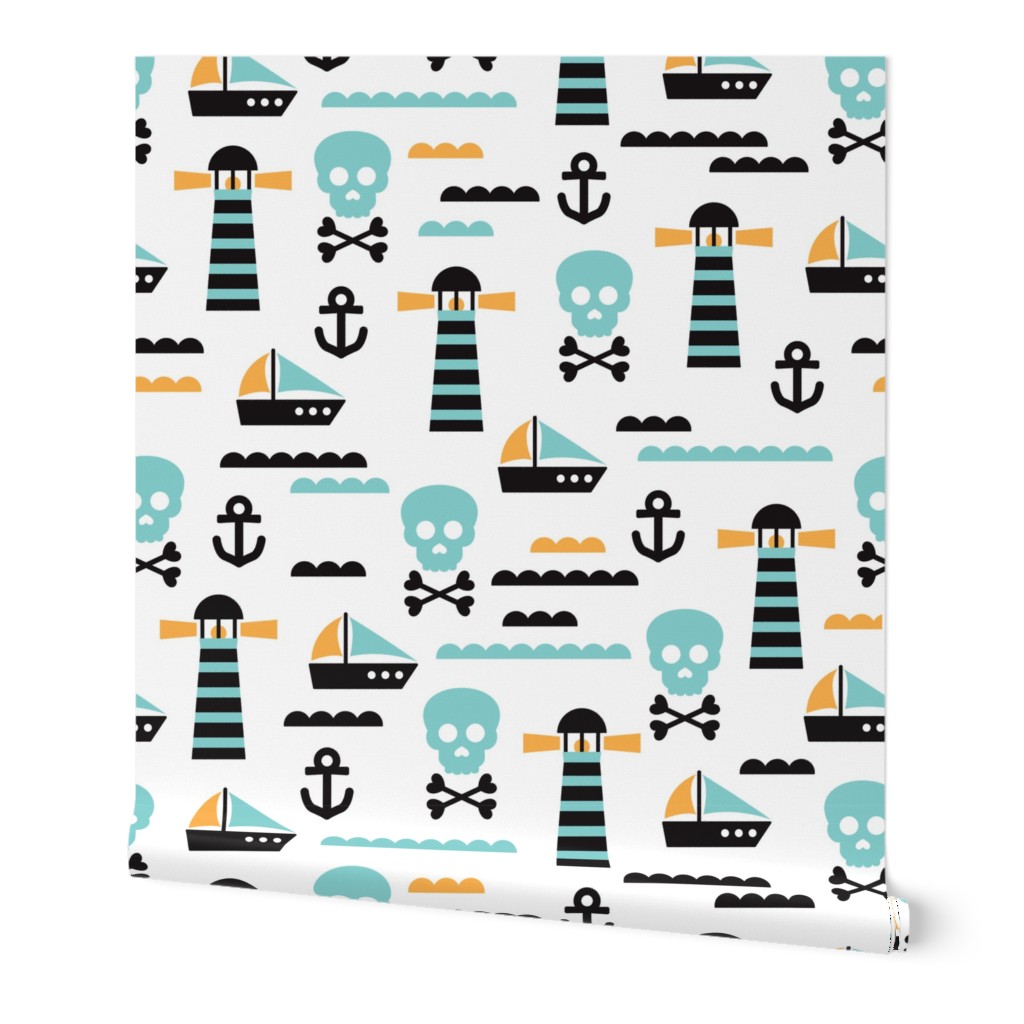 Kids marine theme skulls and pirate boat and light house illustration print design