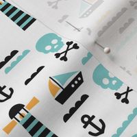 Kids marine theme skulls and pirate boat and light house illustration print design