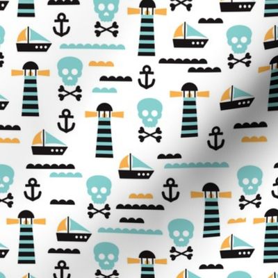 Kids marine theme skulls and pirate boat and light house illustration print design