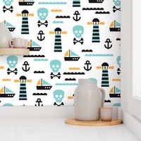 Kids marine theme skulls and pirate boat and light house illustration print design