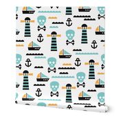 Kids marine theme skulls and pirate boat and light house illustration print design