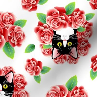 Tuxedo Cat and Roses - White Flavor