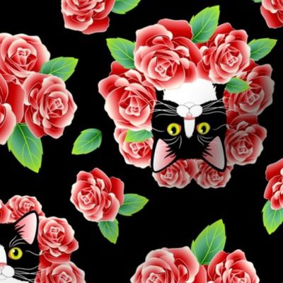 Tuxedo Cat and Roses - Black Flavor