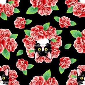 Tuxedo Cat and Roses - Black Flavor