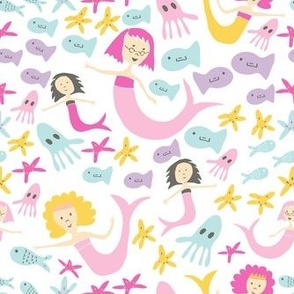 Mermaids || Colourful Mermaids on White by Sarah Price - Medium Scale