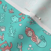 Mermaids & cats. Funny catmaid, cat diver and jellycat fish pattern design.
