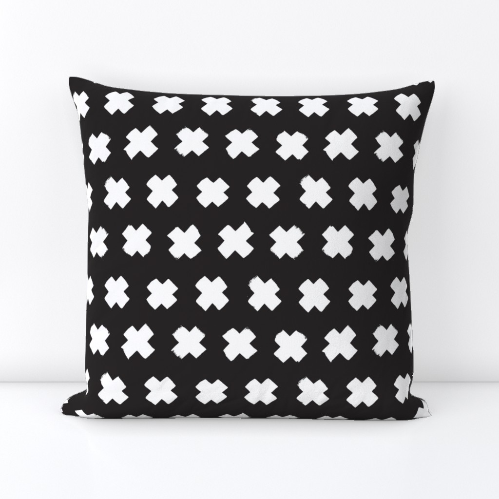 Black and white cross and abstract plus sign geometric grunge brush strokes scandinavian style print