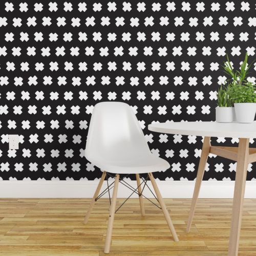 Wallpaper Black And White Cross And Abstract Plus Sign Geometric Grunge Brush Strokes Scandinavian Style Print