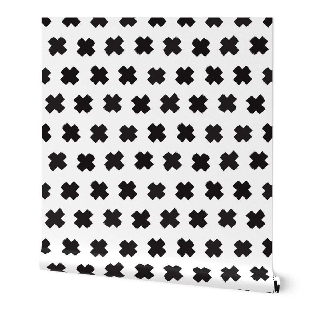 Black and white cross and abstract plus sign geometric grunge brush strokes scandinavian style print