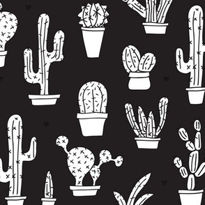 Black and white trendy summer cactus theme botanical garden gender neutral cacti and succulent garden illustration print