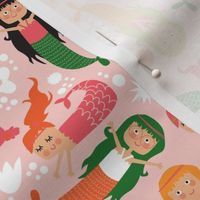 Mermaids on pink, green, orange