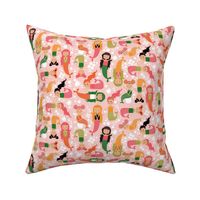 Mermaids on pink, green, orange