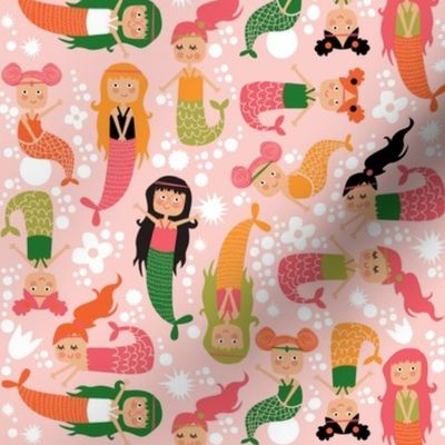 Mermaids on pink, green, orange