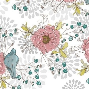 Peonies & Blue Birds