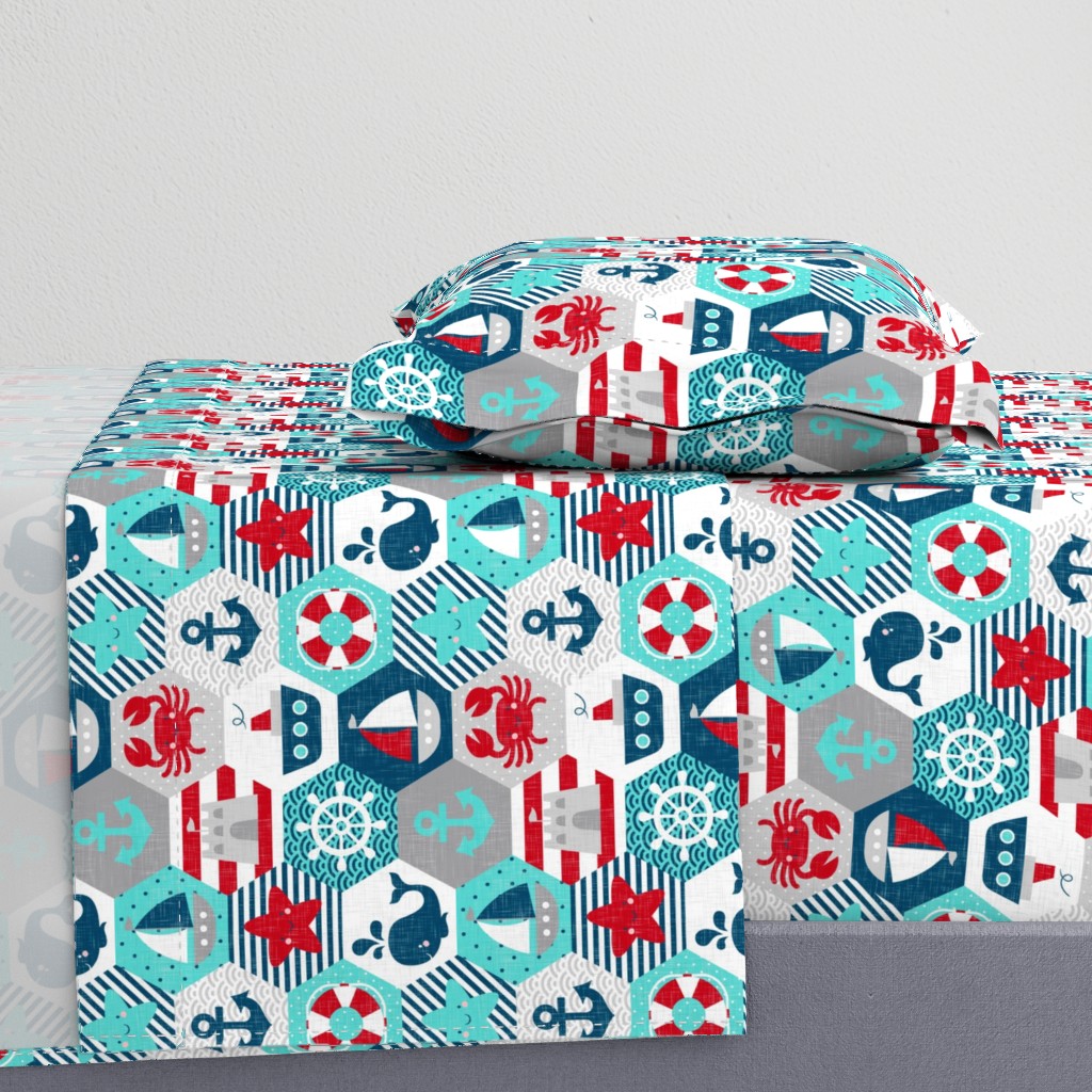 Nautical Baby Hexagonal Quilt Red Blue Grey White Linen Texture Large Scale